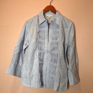 Coldwater Creek light blue linen blouse features vertical pintuck pleats down th